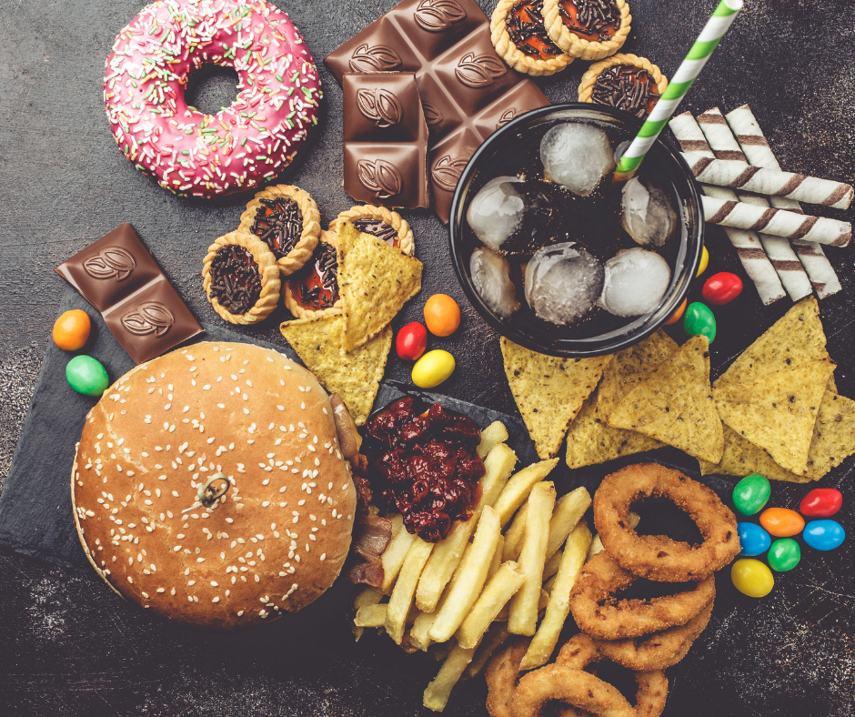 donut, chocolate, candy, soda pop and junk food